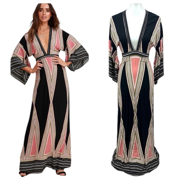 Lulus Boho Montecito Geometric Tribal Print Open Back Kimono Sleeve Maxi Dress - Picture 1 of 14